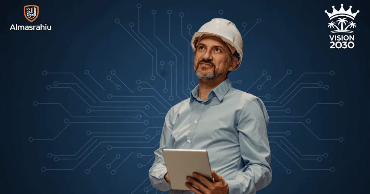 التزام مؤسسة المسرحي بالتحول الرقمي والجودة في قطاع الإنشاءات. مهندس مؤسسة المسرحي يستخدم جهاز لوحي لمتابعة التحول الرقمي والجودة طبقاً لرؤية 2030.