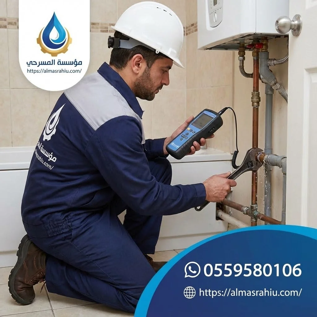 فني معتمد من مؤسسة المسرحي يقوم بفحص تسربات المياه بدون تكسير